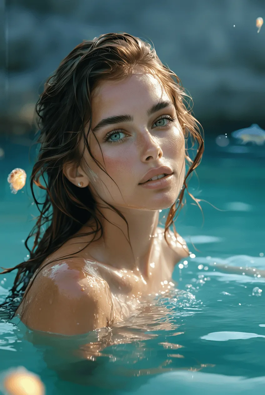 Face In Turquoise Water With Glowing Particles