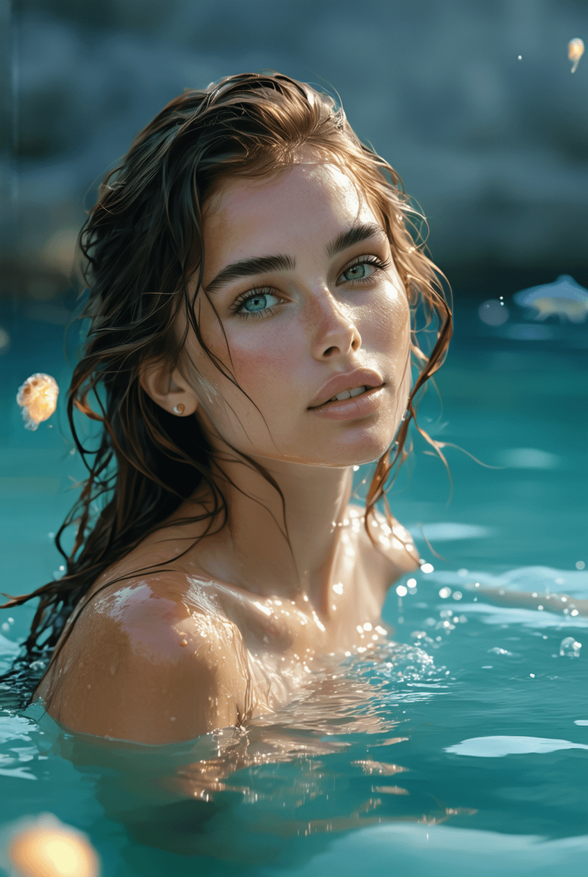 Face In Turquoise Water With Glowing Particles