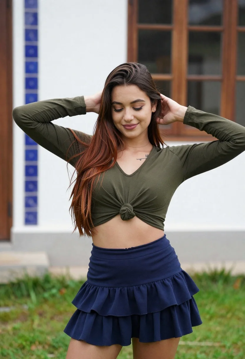 Young Woman With Long Brown Hair Stands Outdoors Relaxed Pose reference photo