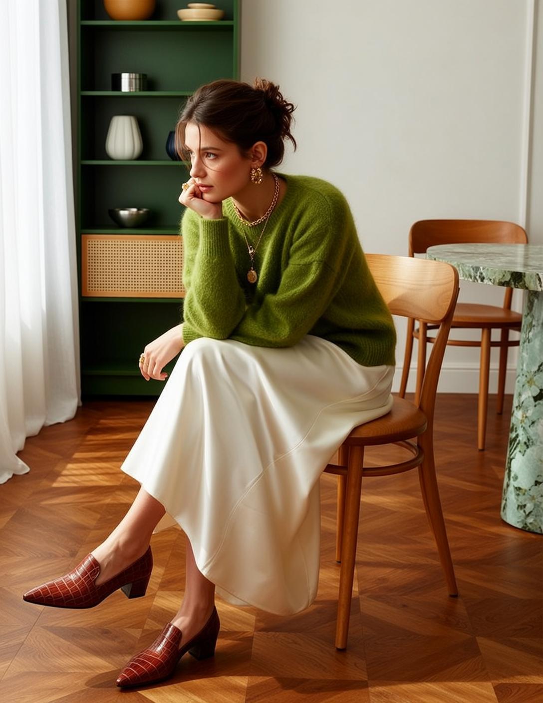 Green Sweater Thoughtful Chair Pose