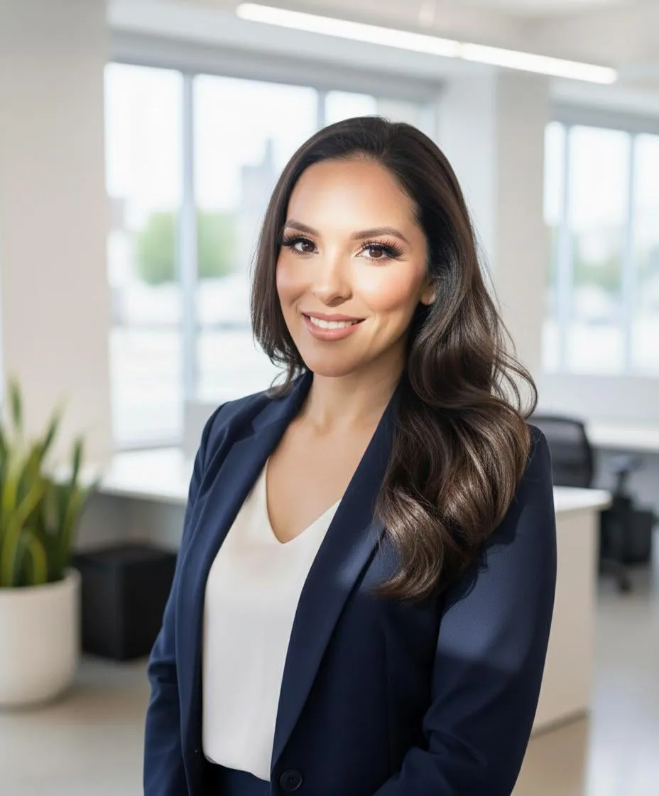 Navy Or Dark Blazer Over White Blouse In Bright Office