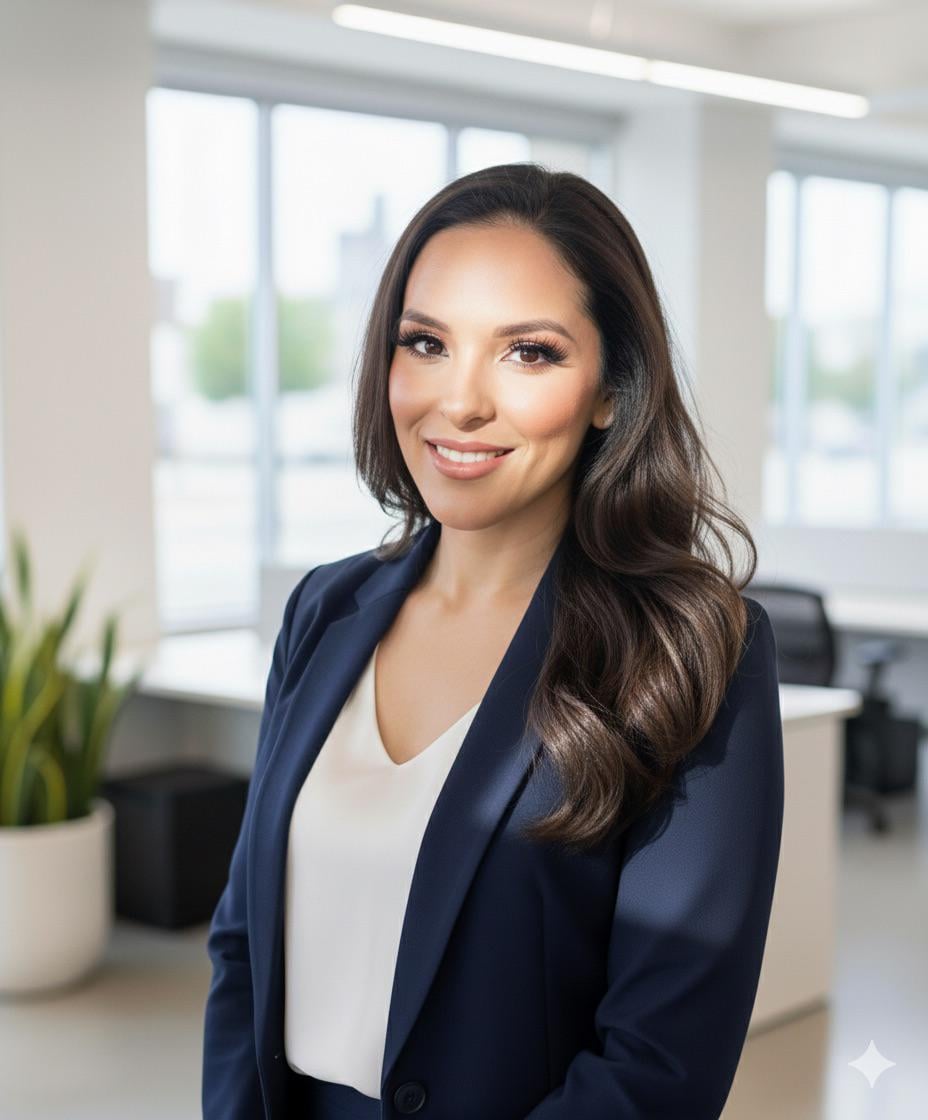 Navy Or Dark Blazer Over White Blouse In Bright Office