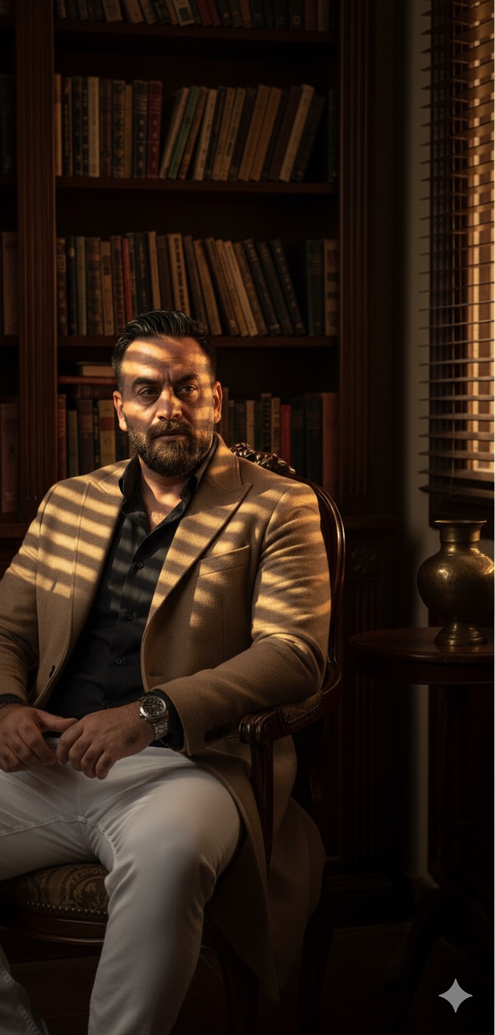 A captivating portrait of a man in a beige coat seated in a dimly lit vintage room with warm golden light casting shadows.
