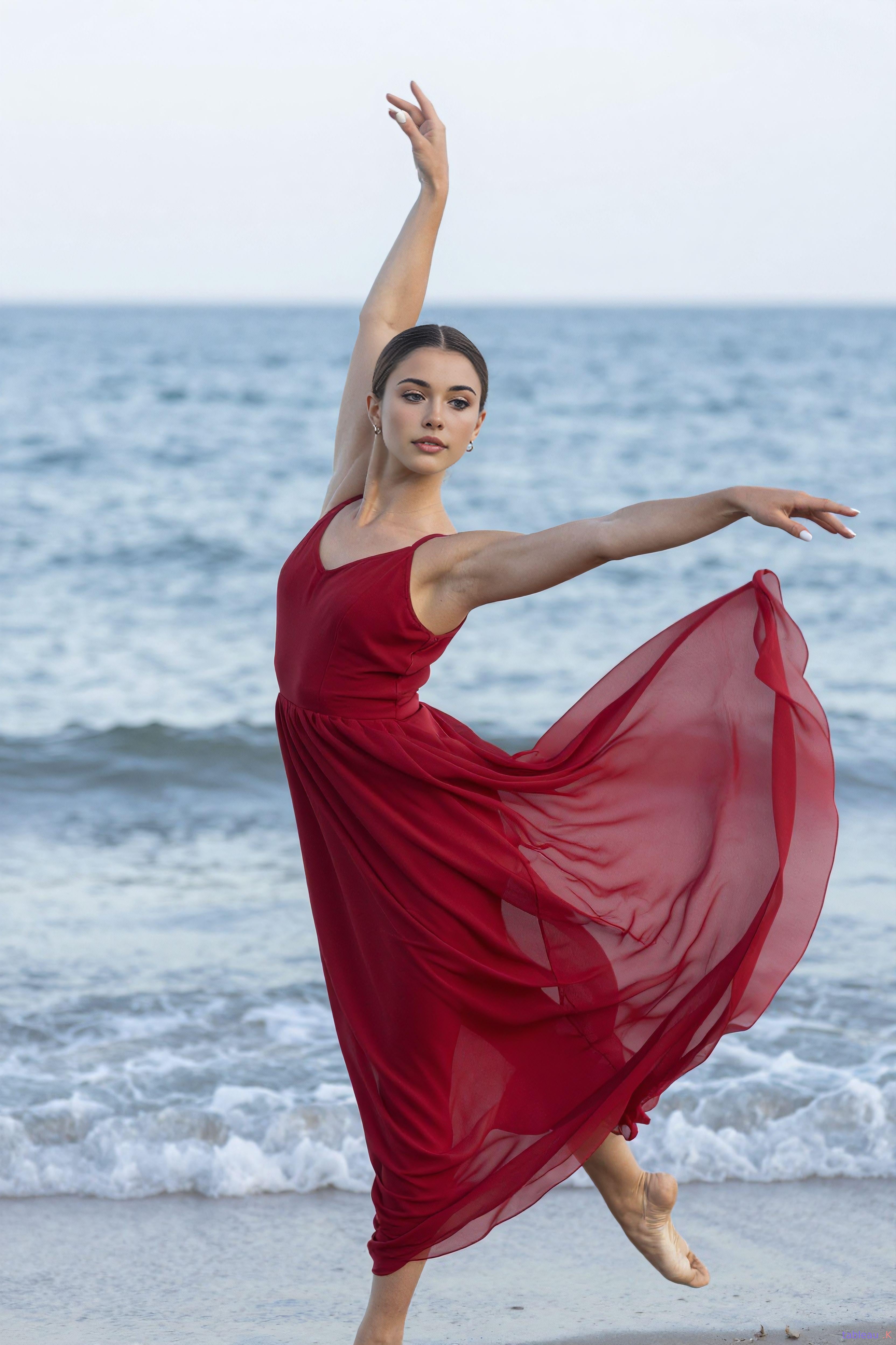 Dancing Barefoot In Red Dress Ocean