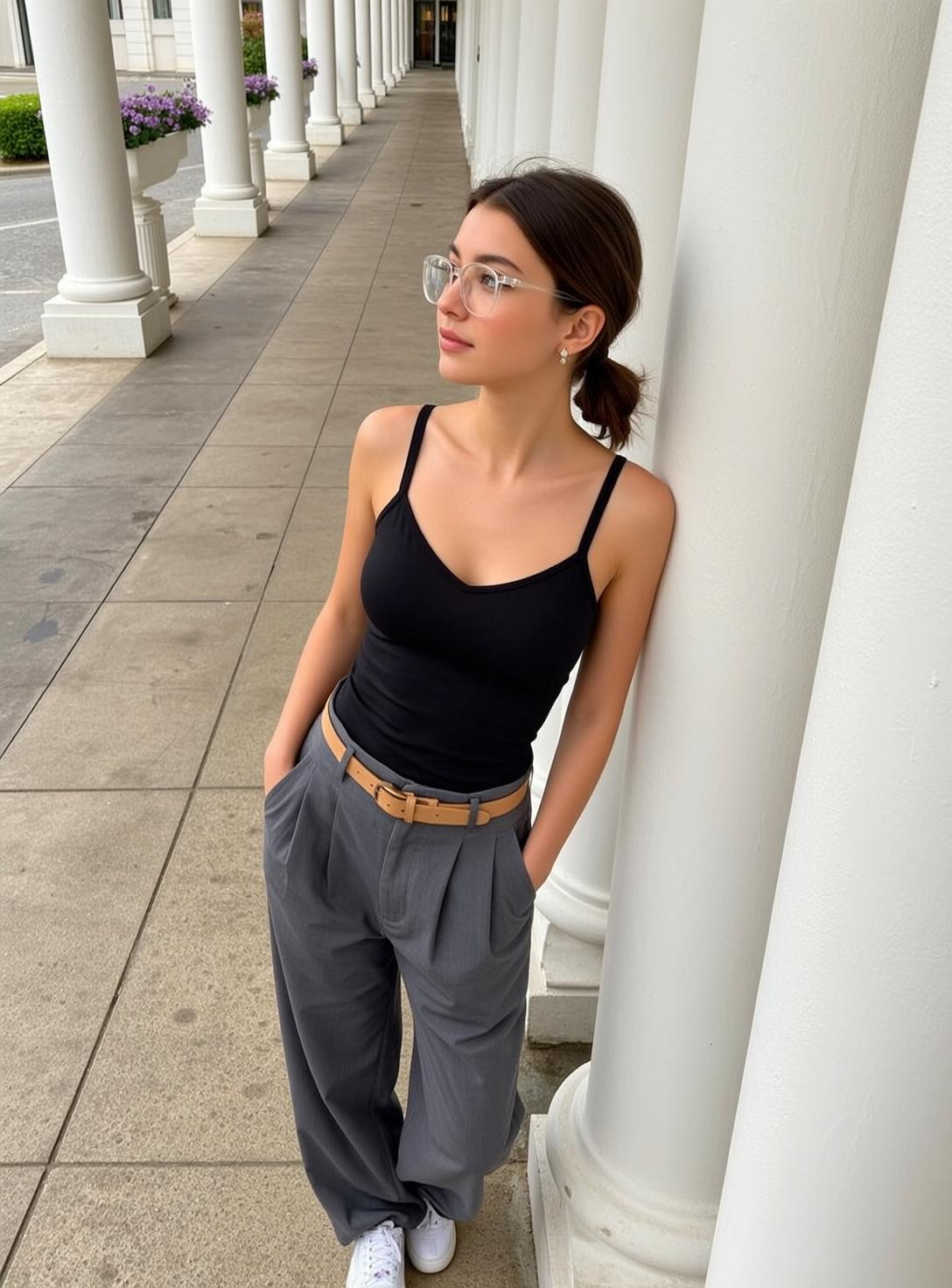 Explore Young Leans Casually Against White Column