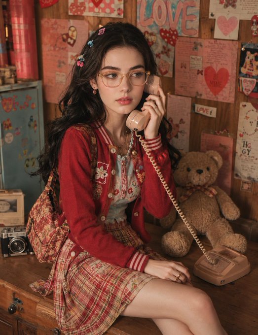 A young woman with porcelain skin and a dreamy expression, wearing a colorful retro outfit with plaid patterns, sitting at a wooden table.
