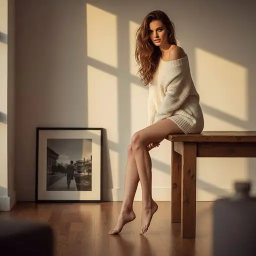 A beautiful woman with long brown wavy hair sits barefoot on a rustic table, wearing a beige off-the-shoulder knit sweater.