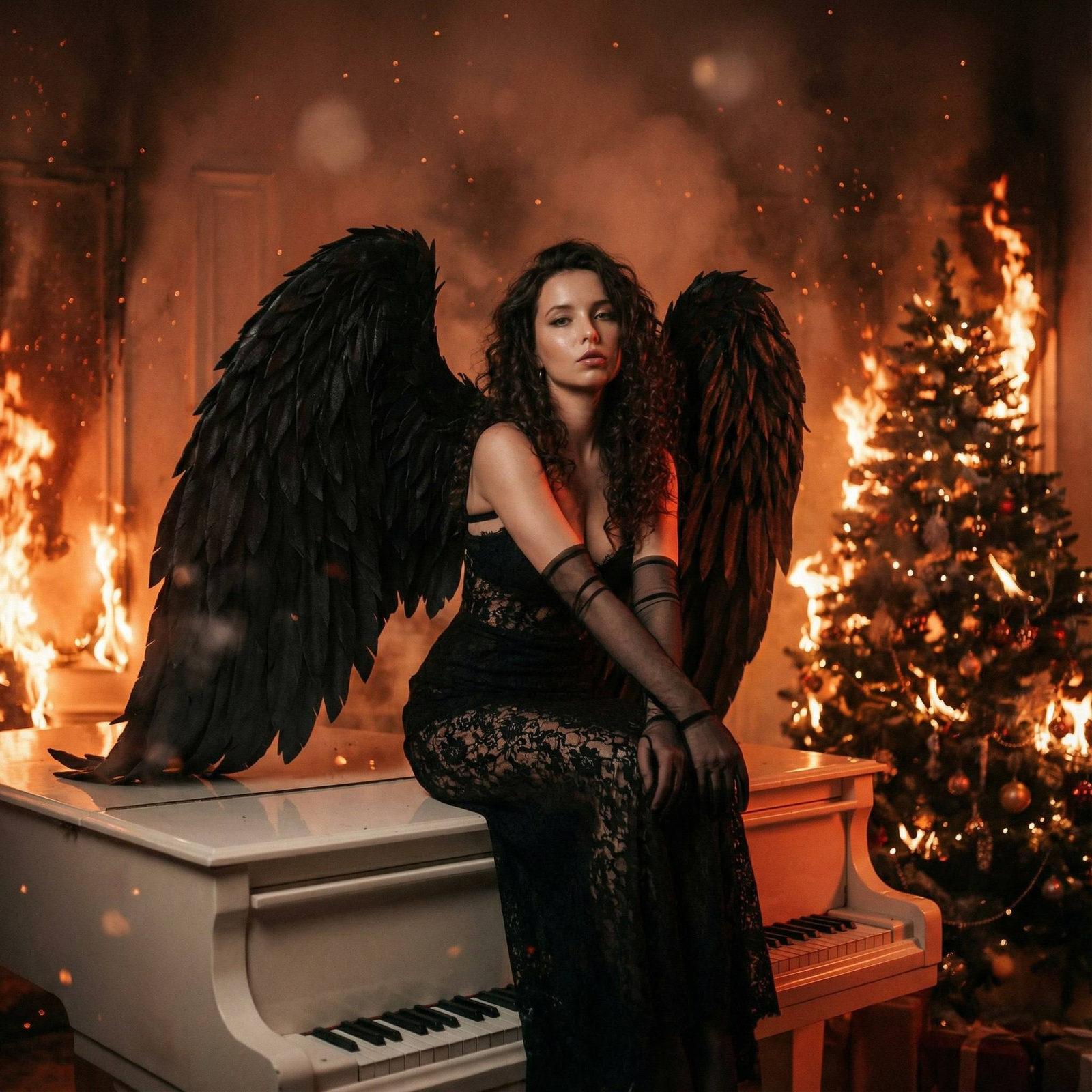 A dark angel with feathered wings sits on a grand piano, enveloped in flames, wearing a lace dress and transparent gloves, within a shadowy room.