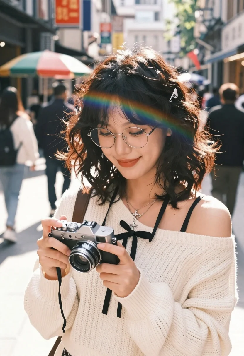 A young woman with dark wavy hair and vintage round glasses holds a silver camera, smiling softly in a bustling city street.