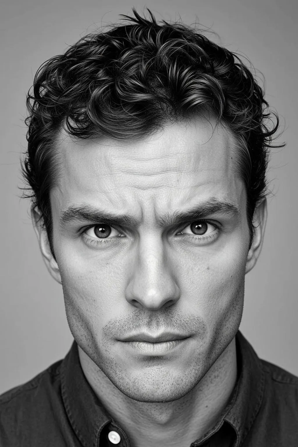 Headshot Photograph Man With Dark Curly Tousled Hair Slightly Furrowed