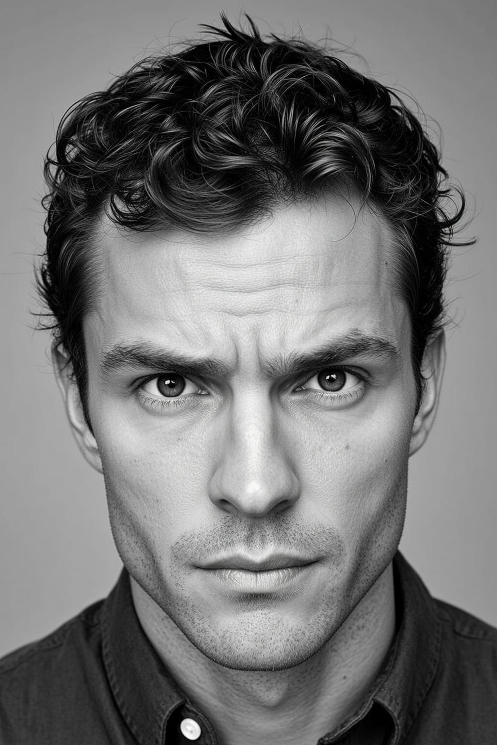Headshot Photograph Man With Dark Curly Tousled Hair Slightly Furrowed