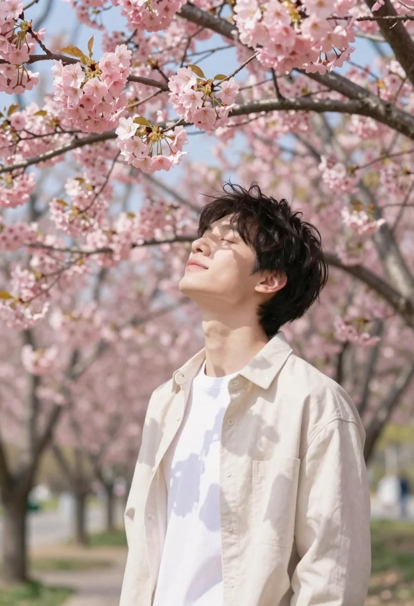 Young Man Stands Peacefully Beneath Canopy Blooming Pink Cherry Blossoms