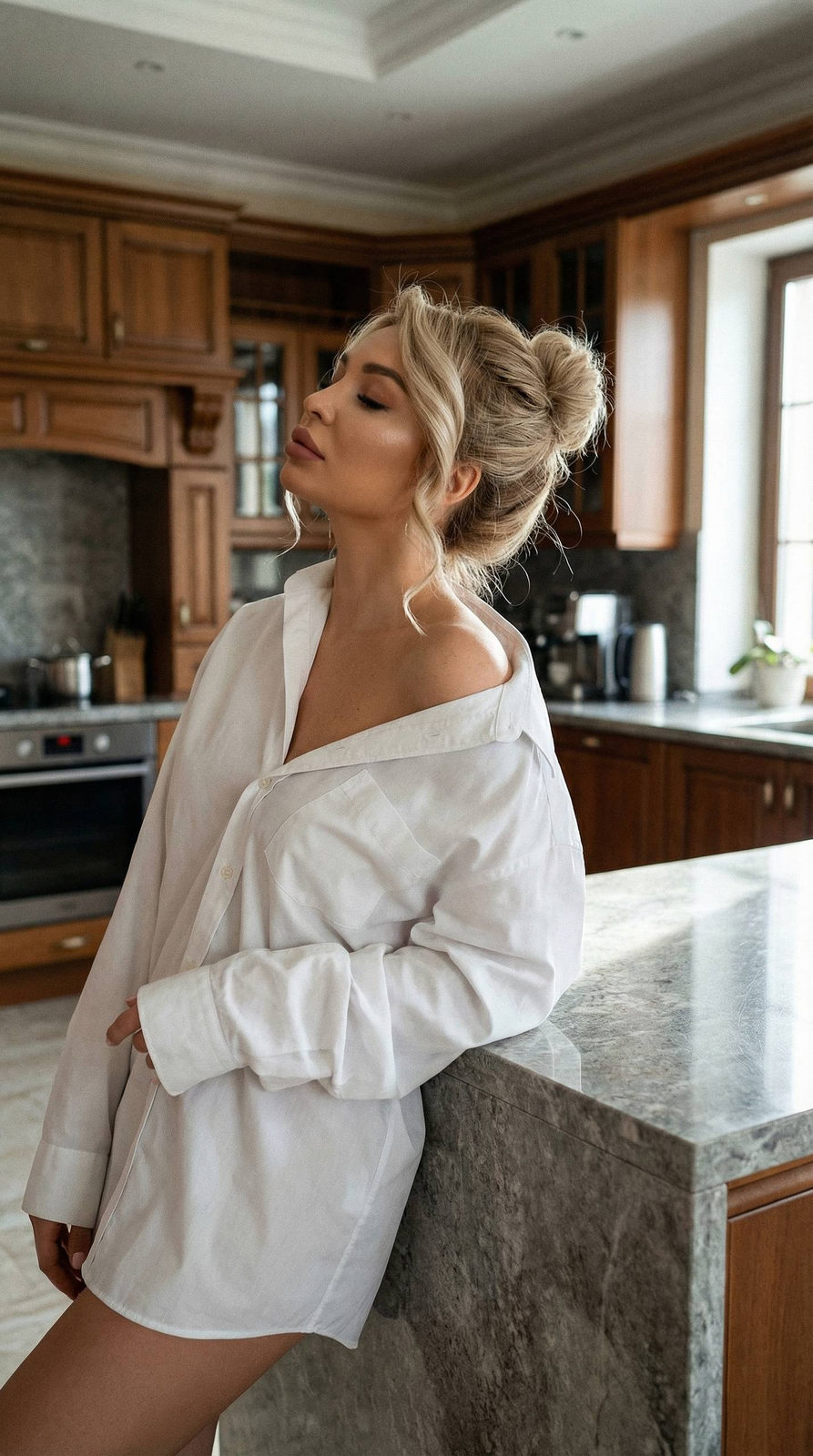 A woman in an oversized men's shirt lounging against a gray stone kitchen island with a cinematic grain effect.