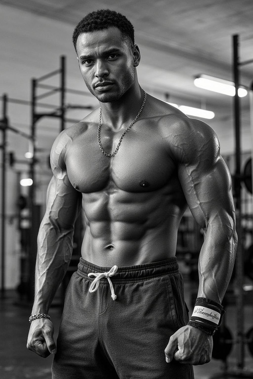 Muscular Short Dark Curly Grey Sweatpants White