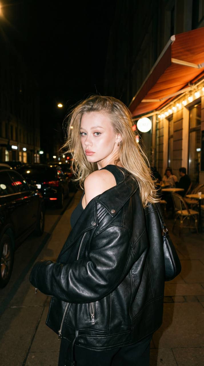 A girl wearing a black leather jacket walks down a night street, turning back to the camera with tousled hair.