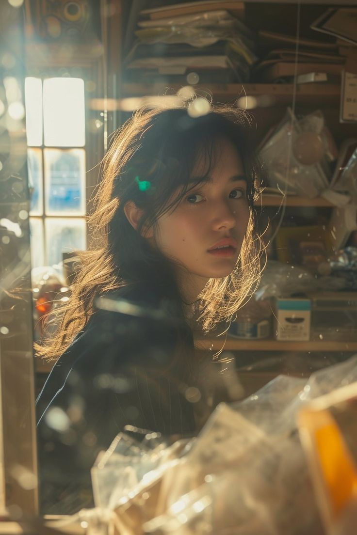 A young East Asian woman in profile, backlit by warm sunlight, with tousled dark hair and soft expression in a cluttered workshop.