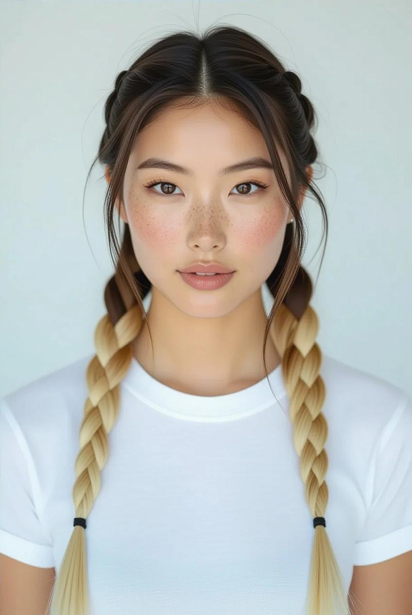Centered high-resolution portrait of a person with two thick Dutch braids, neutral expression, and freckles on light-grey backdrop.