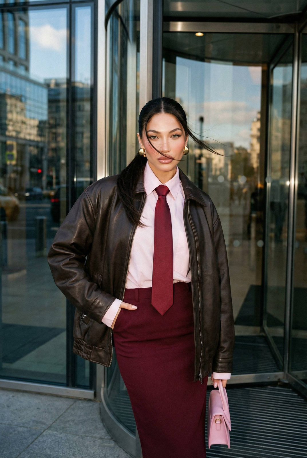 Fashionable woman standing outdoors near modern glass entrance, wearing a dark brown leather jacket over a pale pink shirt and burgundy midi skirt.