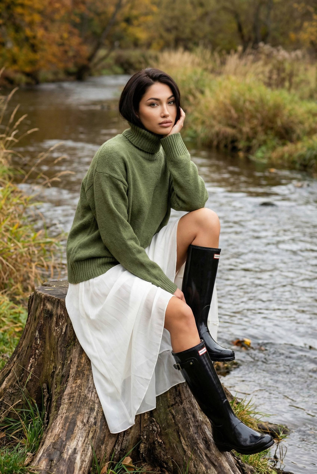 A woman in a moss green sweater sits on a weathered tree stump by a flowing river in autumn.