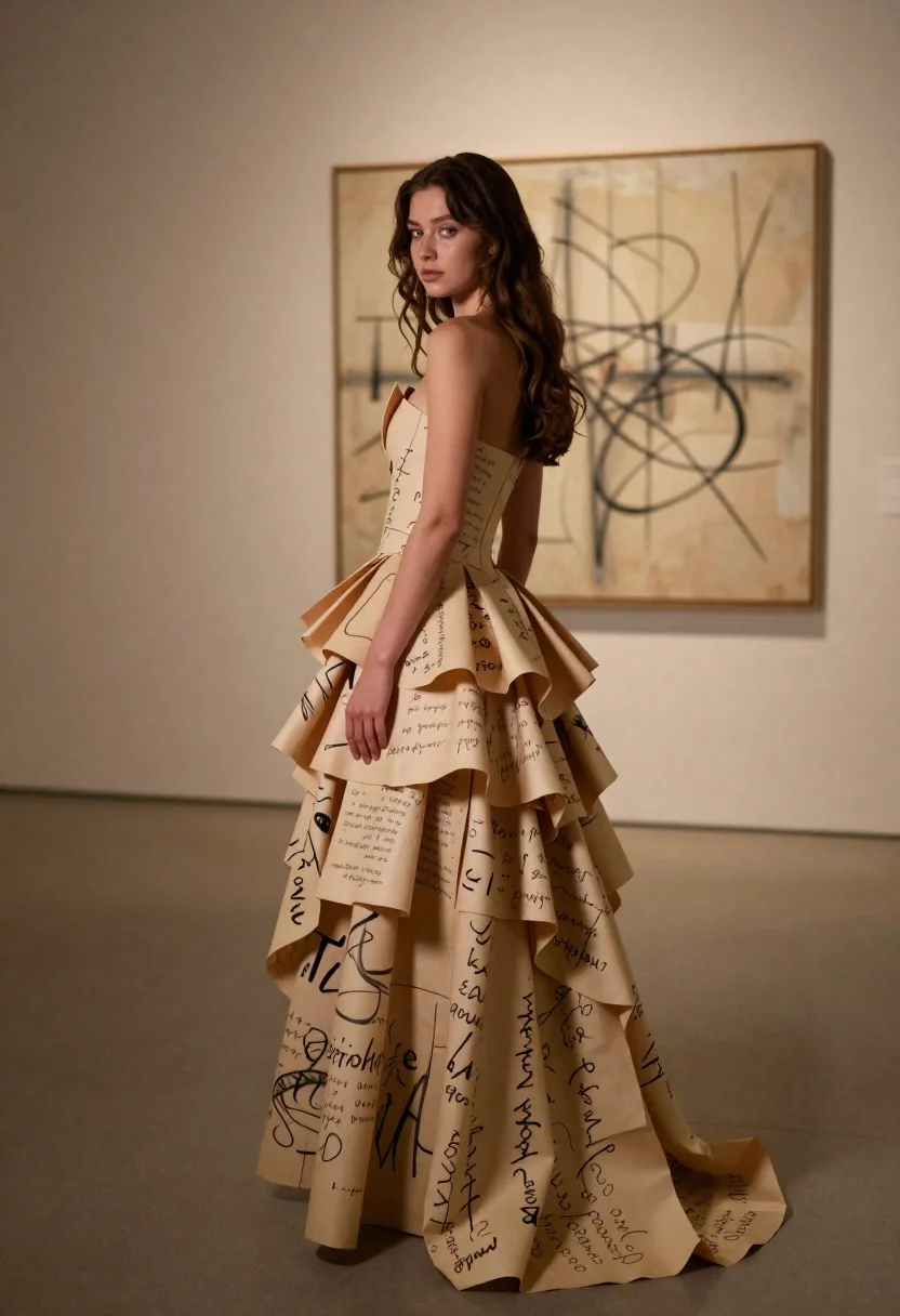 A woman stands in a gallery wearing an elaborate strapless gown made of printed paper sheets, showcasing intricate black calligraphy.