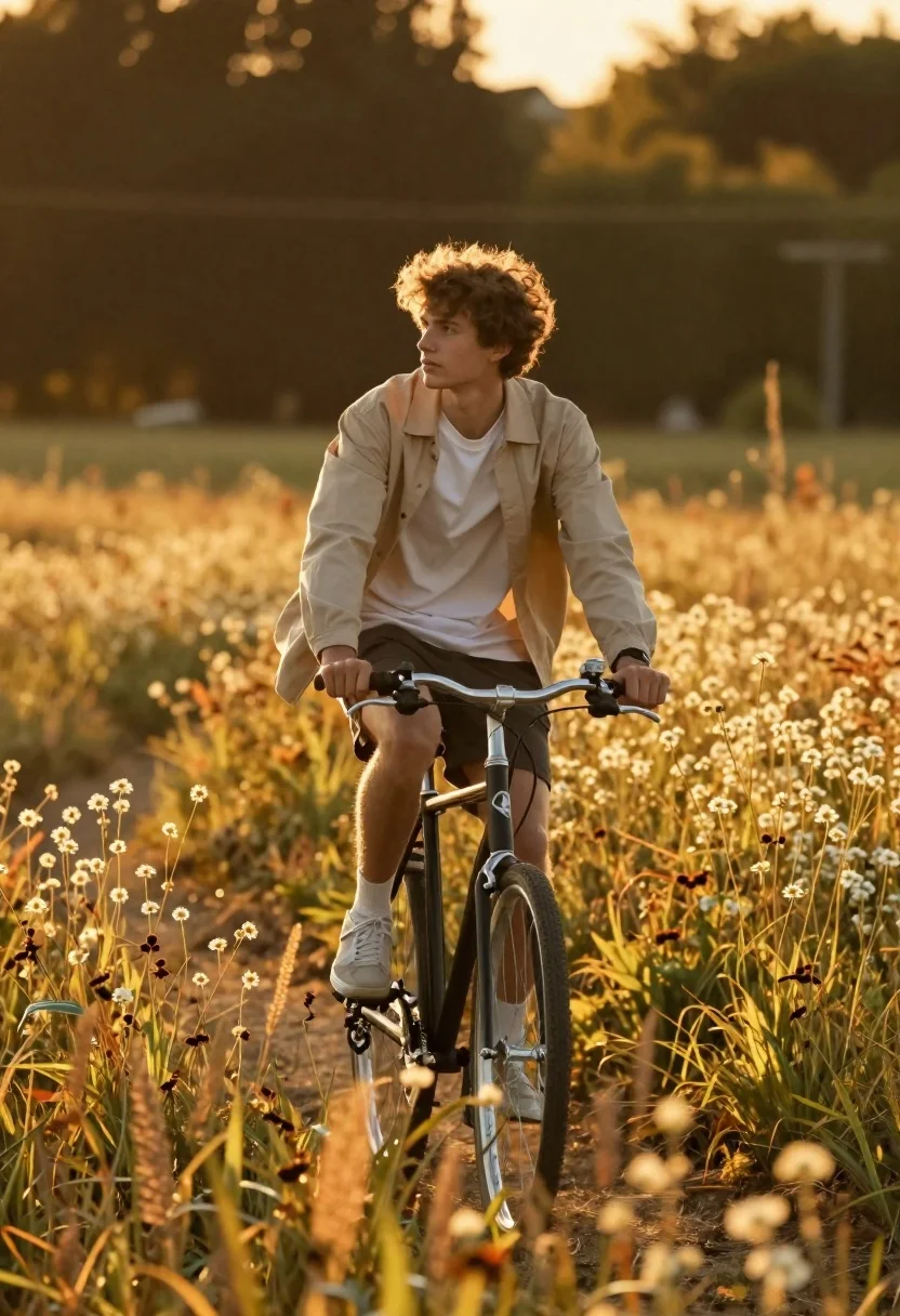 Young Man Rides Bicycle Through Field Tall Golden Wildflowers During