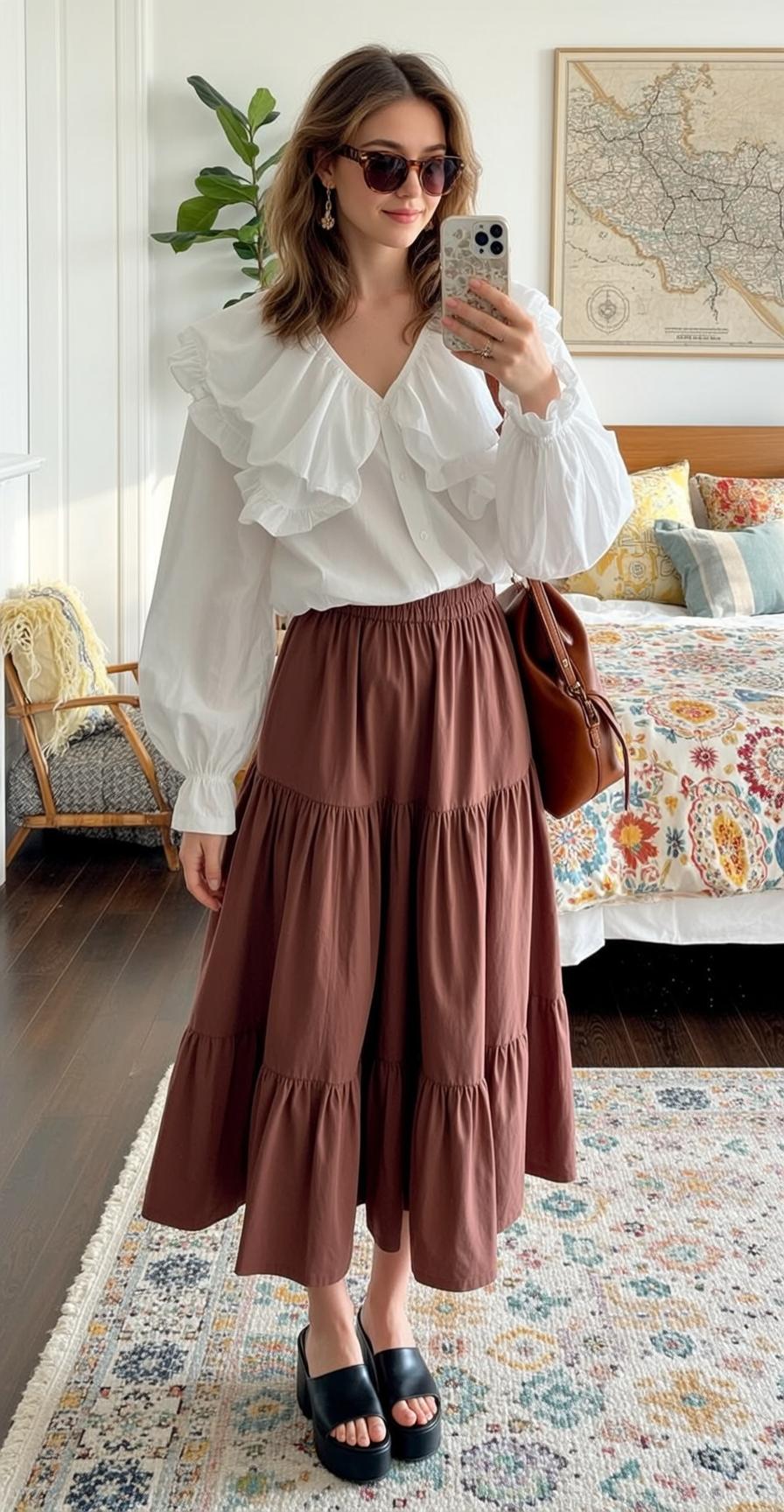 Bedroom Selfie White Blouse Brown Skirt