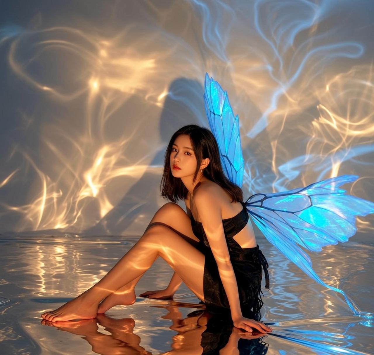 Asian Woman Fairy Wings Studio Reflective Floor