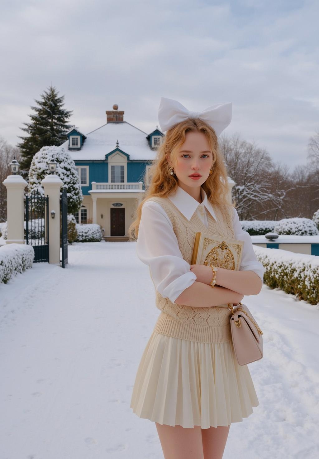 Snowy Driveway Blonde Woman Blue House Storybook