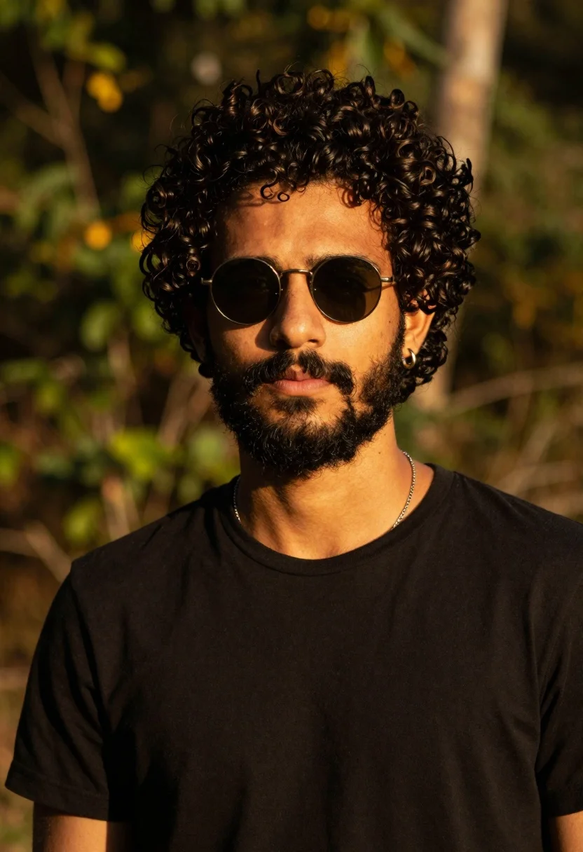 Close-up Portrait Young Man With Thick Dark Curly Hair And