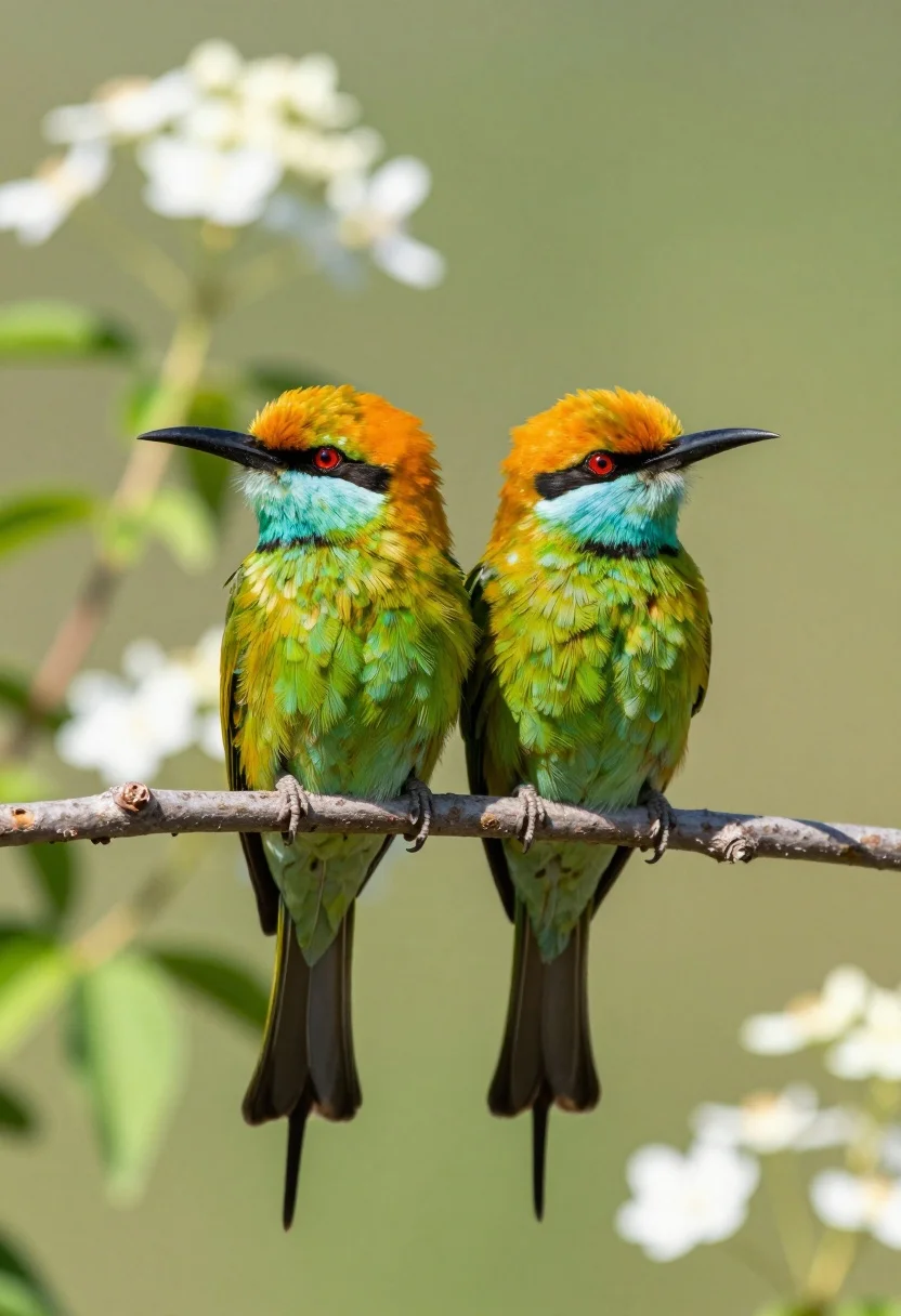 Two Vibrant Green Birds With Orange Heads Perch Side Side