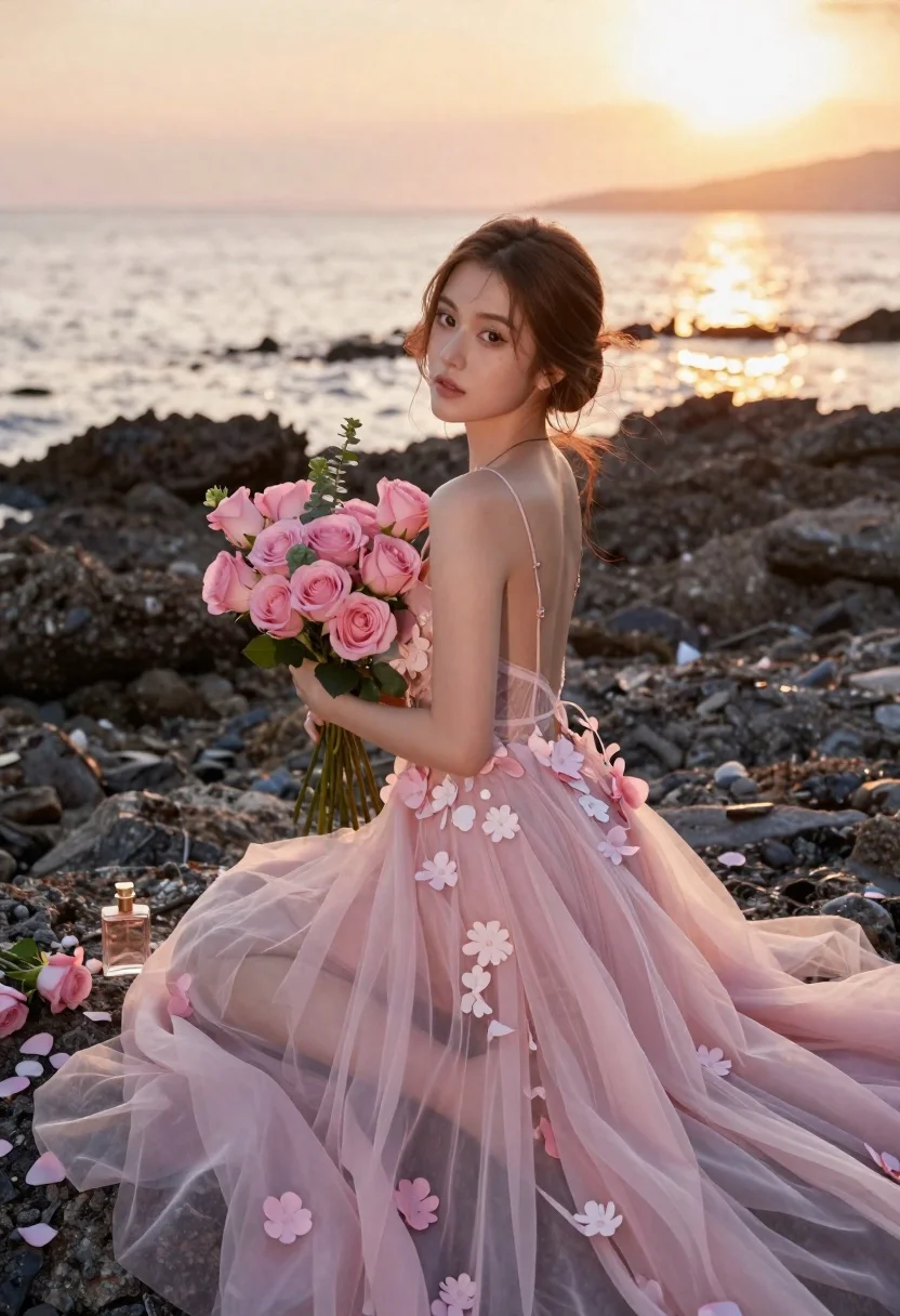 Young Woman Sits Rocky Shore Sunset Holding Bouquet Pink Roses