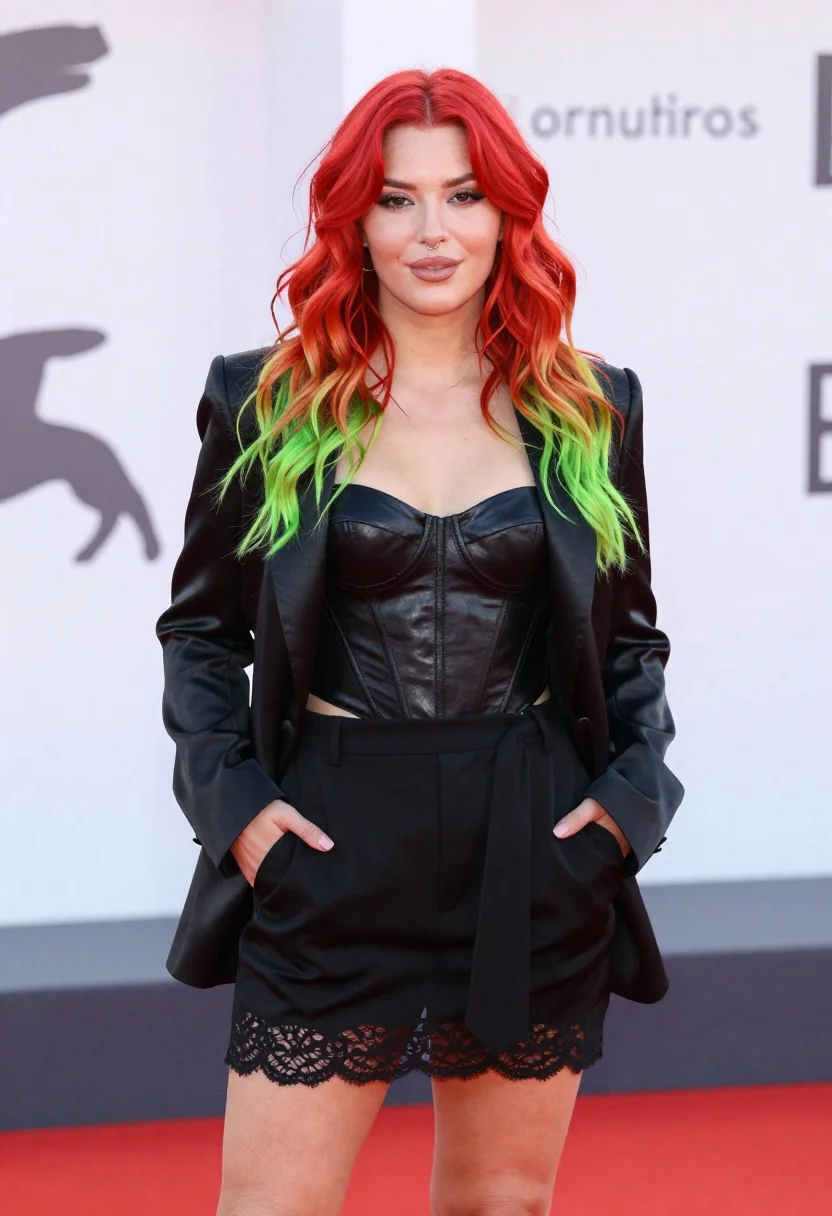 Confident Woman With Vibrant Red Hair Transitioning Lime Green The reference photo