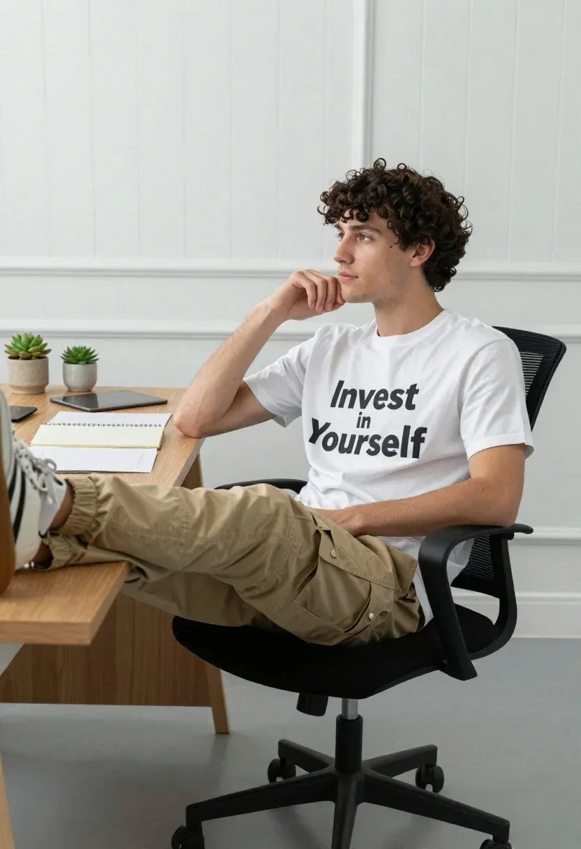 Young Man With Curly Dark Hair Sits Black Office Chair