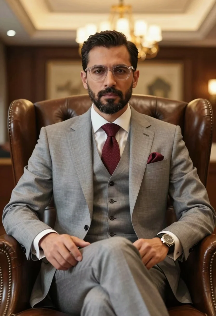 Confident Man With Short Dark Hair And Well-groomed Beard Sits