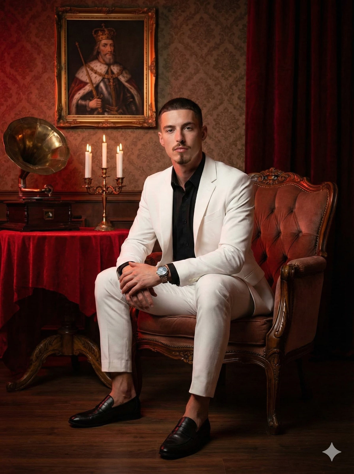 A confident person seated on a vintage chair in a royal room, wearing a suit with a warm red and golden atmosphere.