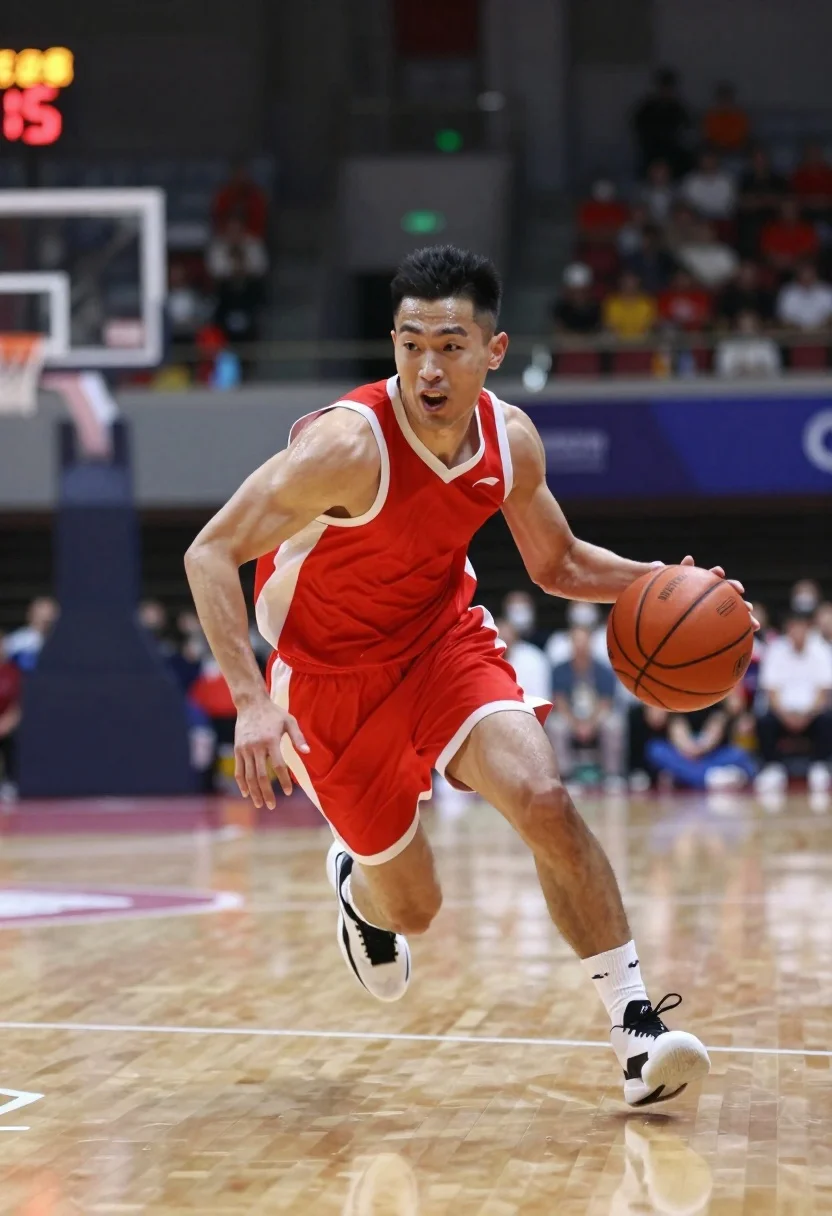 Dynamic Action Shot Basketball Player Dribbling Mid-dribble Indoor Hardwood Court reference photo