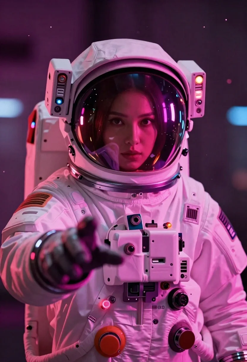 Close-up Portrait Female Astronaut Sleek White Space Suit With Glowing reference photo