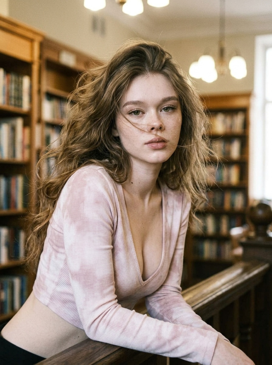 A woman in a pale-pink tie-dye long-sleeve crop top, leaning over a wooden library banister, with soft lights and bookshelves blurred behind her.