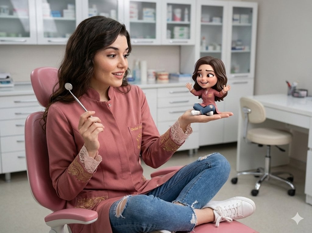 Adult In Pink Dental Office Holding Chibi