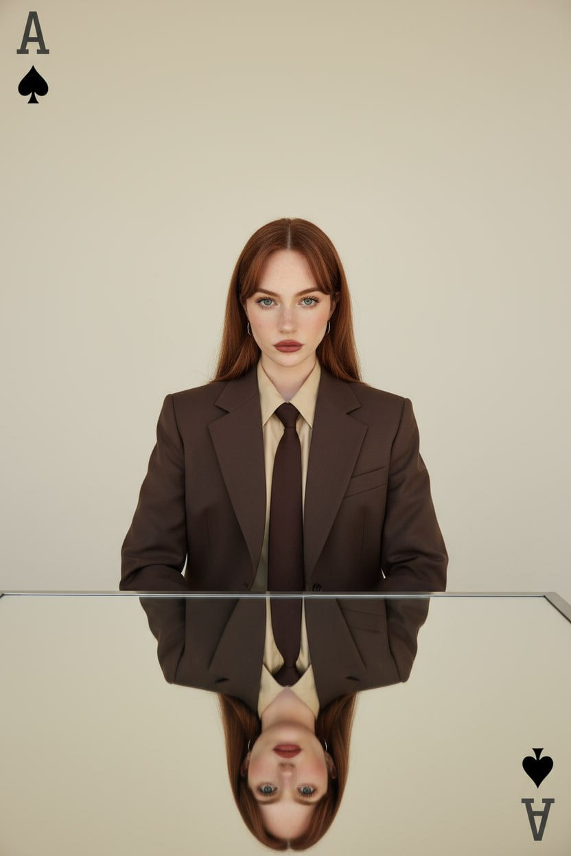 A professional individual in a tailored brown blazer and beige shirt, sitting at a minimalist table, with a mirror-like reflection, serious expression.