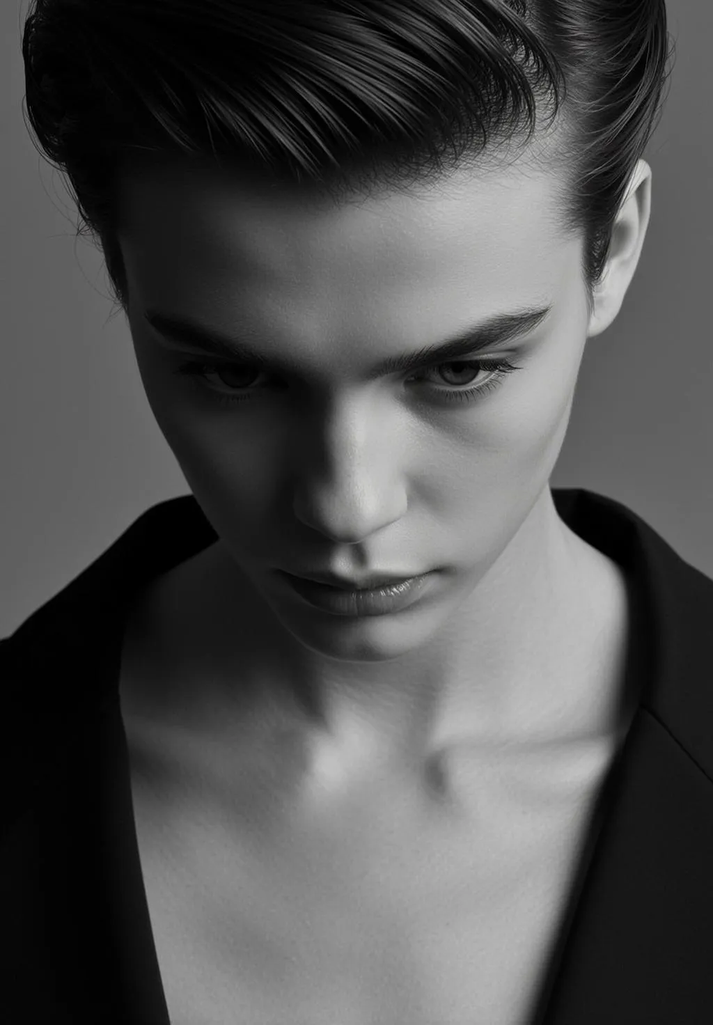 Photorealistic Black And White Medium Close-up Portrait Young Woman With