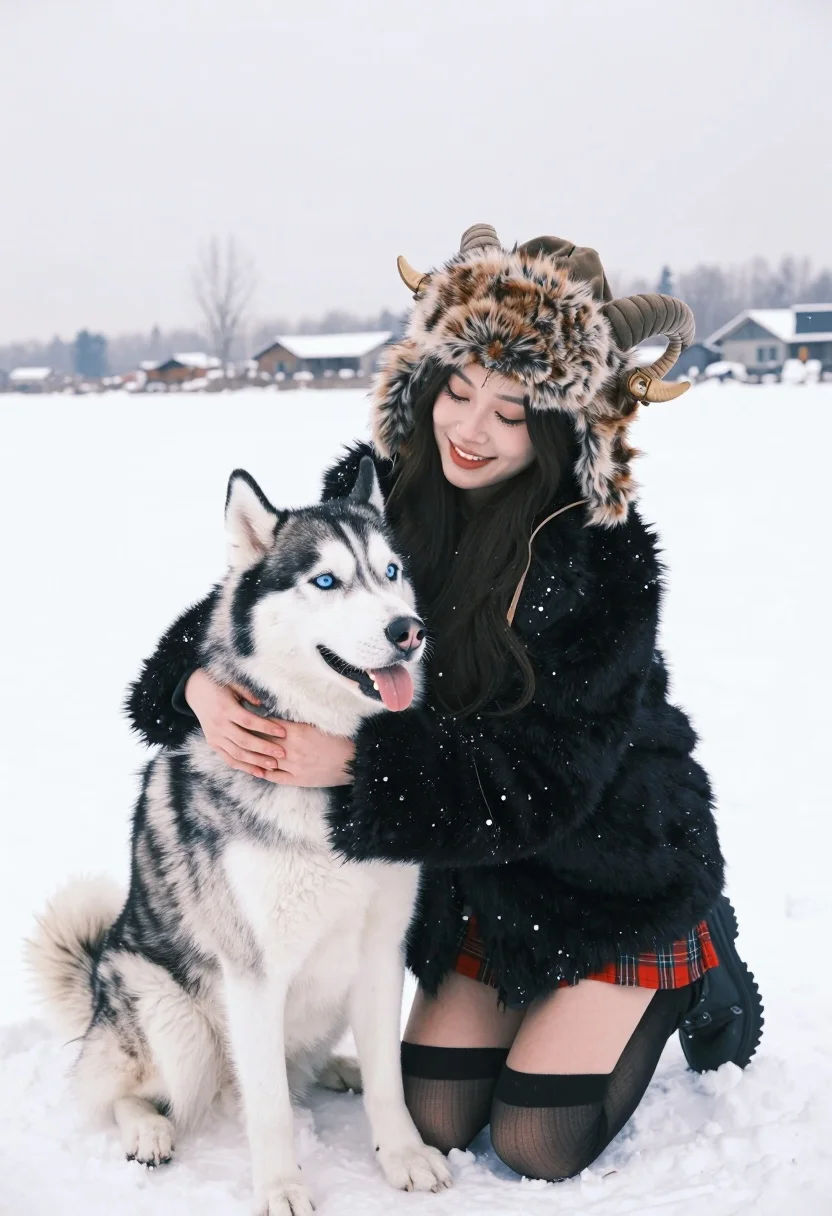 A young woman kneels in deep snow, embracing a Siberian Husky while snowflakes fall around them.
