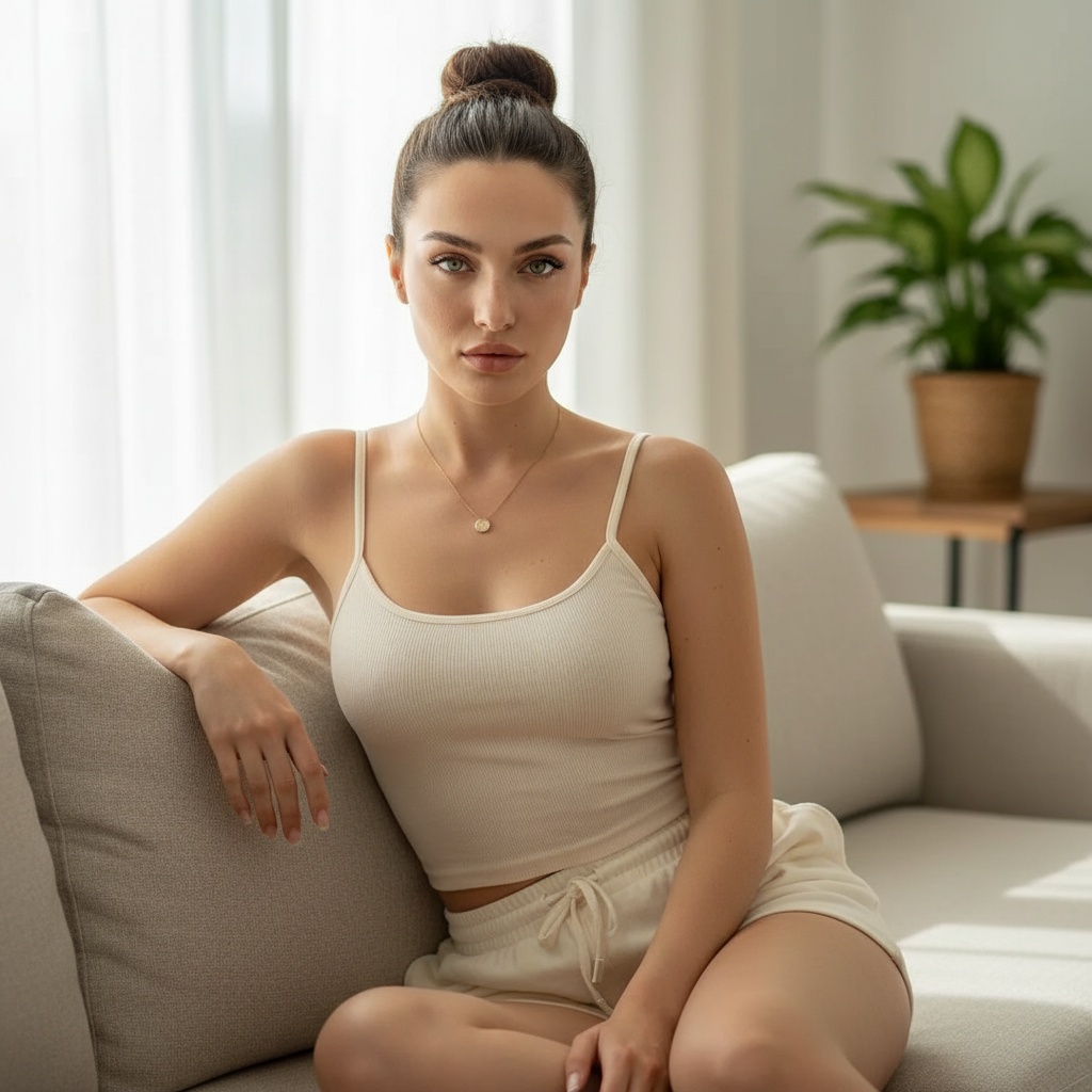 Photorealistic sunlit sofa lounge preview with the reviewed outfit, pose, setting, lighting, and camera framing.