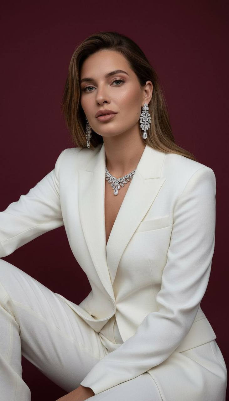 A woman in a tailored suit jacket sitting elegantly against a burgundy background, wearing diamond jewelry that gleams softly.