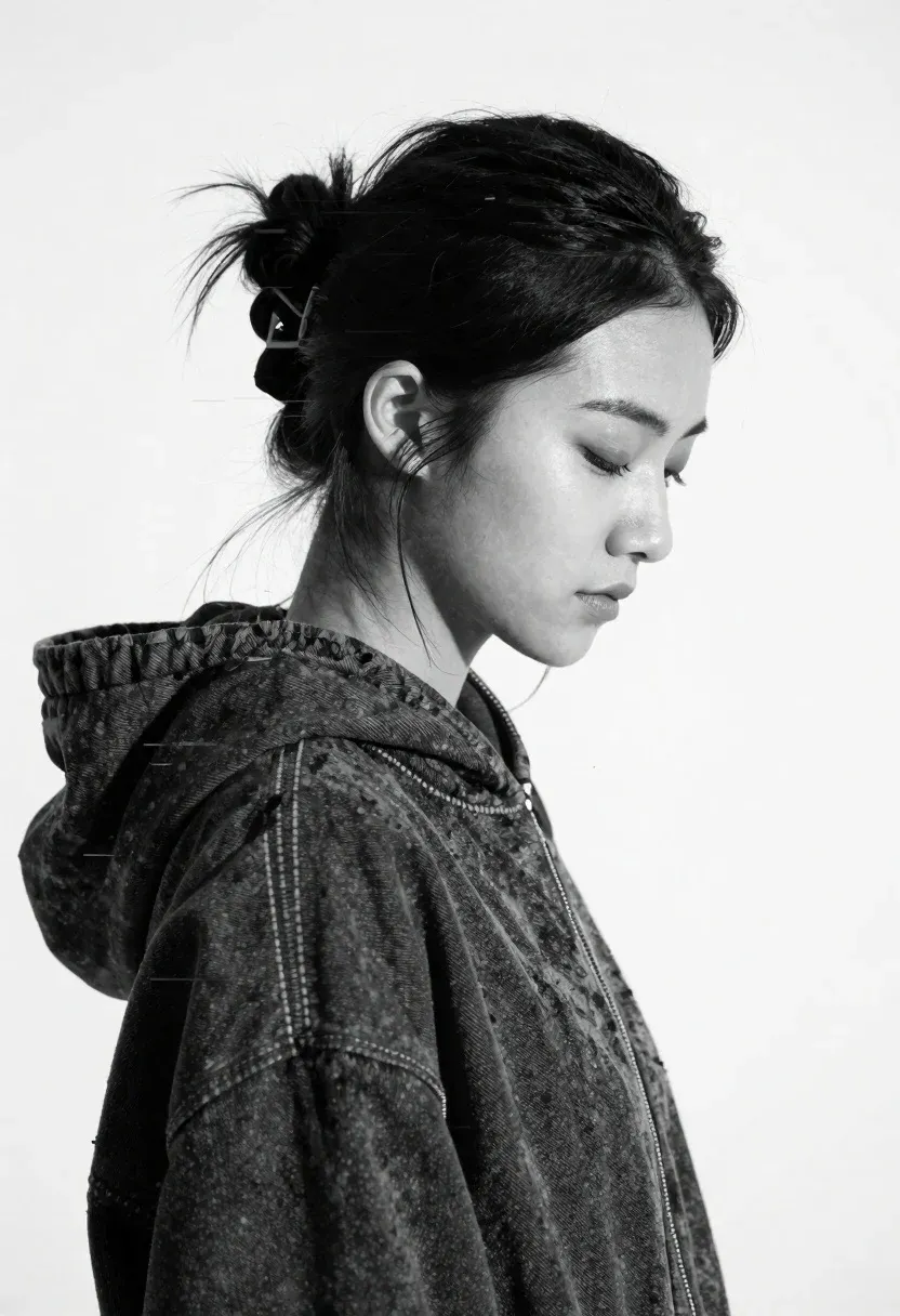 Black And White Portrait Young Woman Profile With Her Eyes