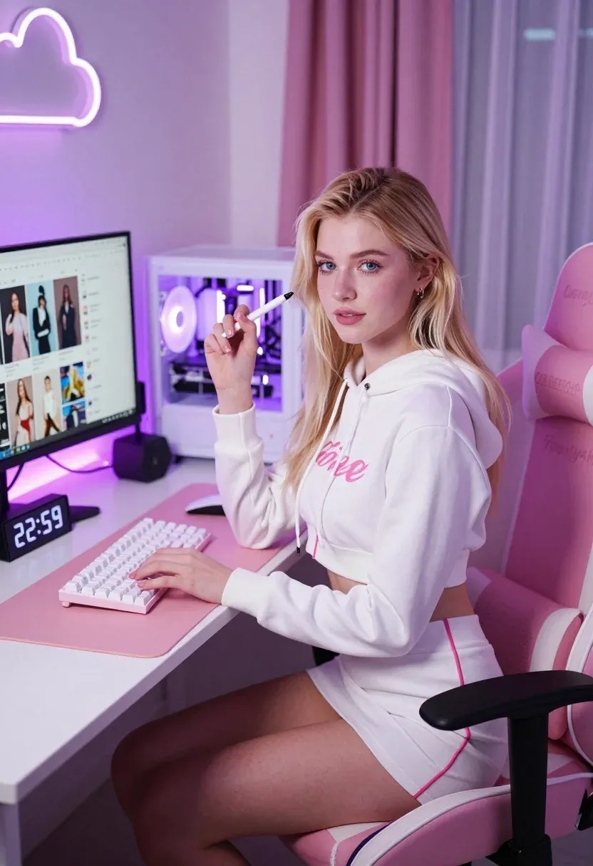 Young Woman Sits White Gaming Desk Cozy Room Bathed Soft