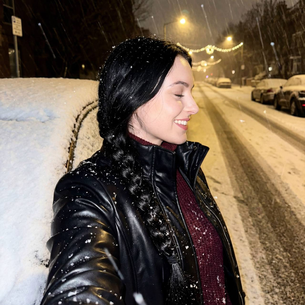 A woman smiling in profile from a car window, wearing a leather coat, with snowflakes on her hair and a snowy city street background.