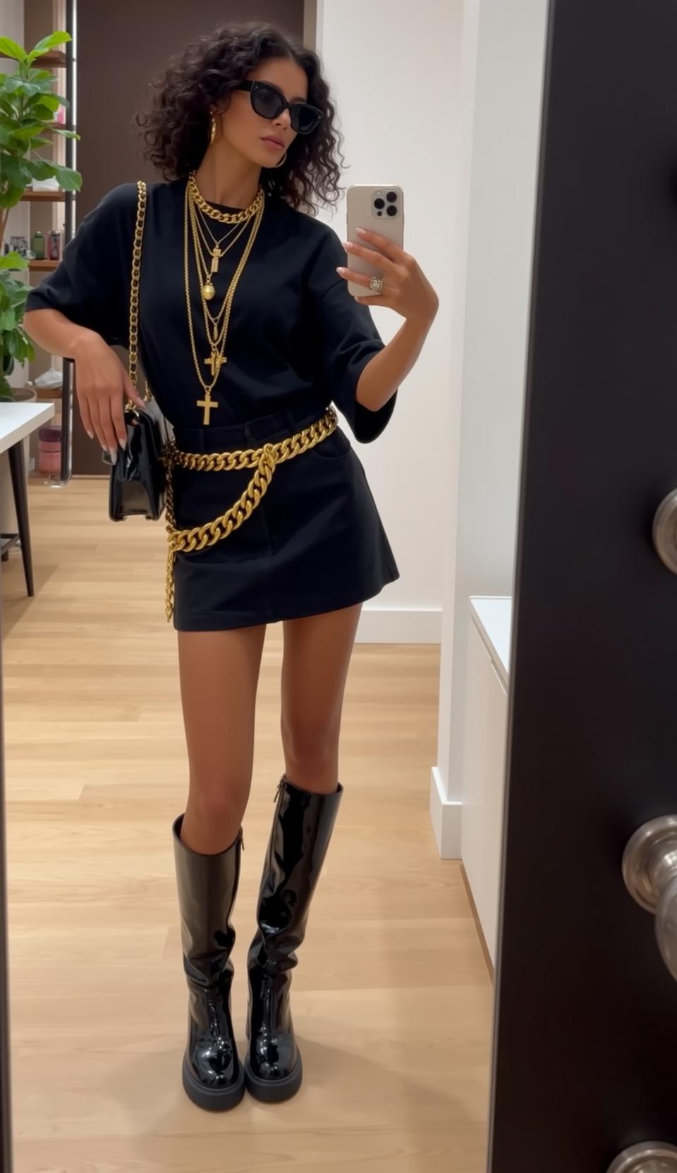 Black Skirt Boot Mirror Selfie