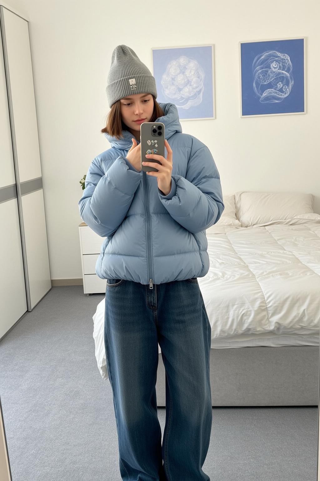 Woman Takes Selfie In Puffy Blue Jacket