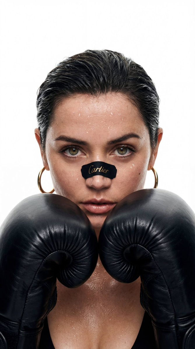A young female boxer with dark slicked-back hair, intense gaze and gold hoop earrings, posed with boxing gloves raised against a white background.